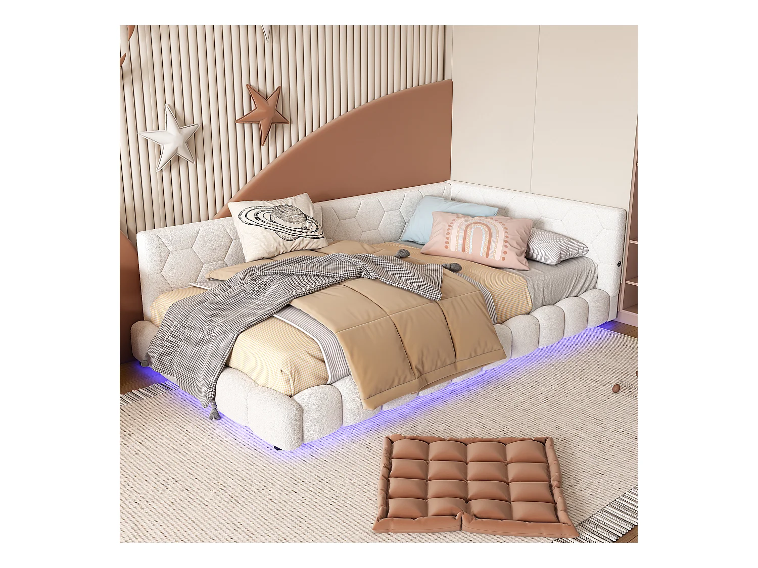 Lit capitonné 90 x 200 cm avec tête de lit pour enfant - LEDs + port USB - Bois MDF - Blanc