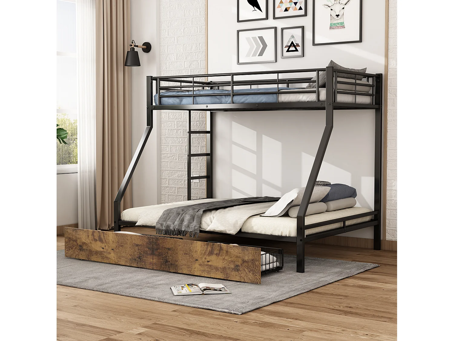 Beliches 90 x 200 cm + 140 x 200 cm com 2 gavetas - ferro + MDF - cores madeira preta e vintage