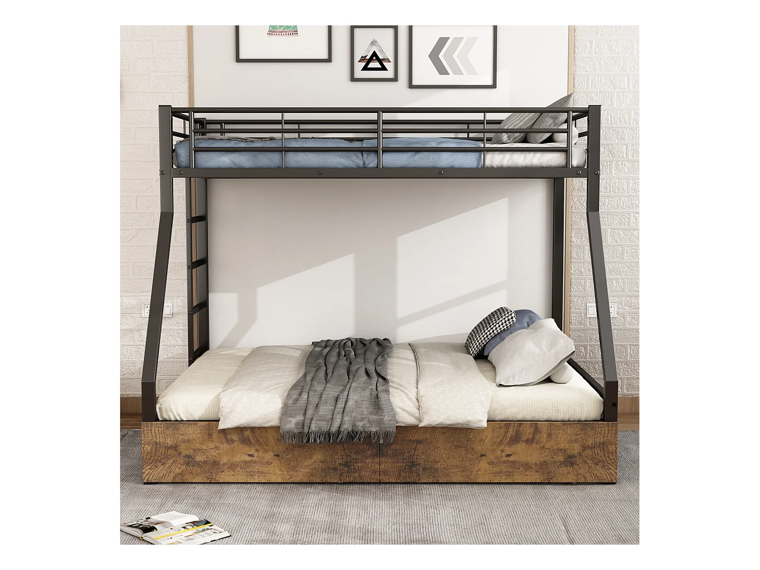 Beliches 90 x 200 cm + 140 x 200 cm com 2 gavetas - ferro + MDF - cores madeira preta e vintage