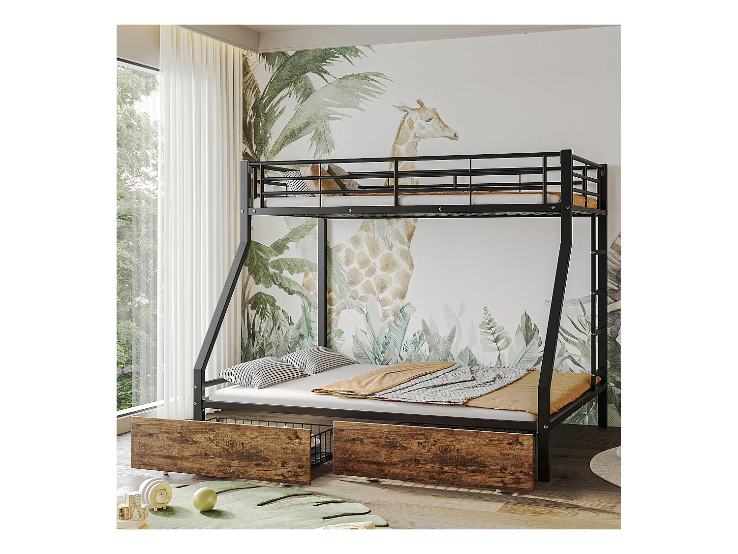 Beliches 90 x 200 cm + 140 x 200 cm com 2 gavetas - ferro + MDF - cores madeira preta e vintage