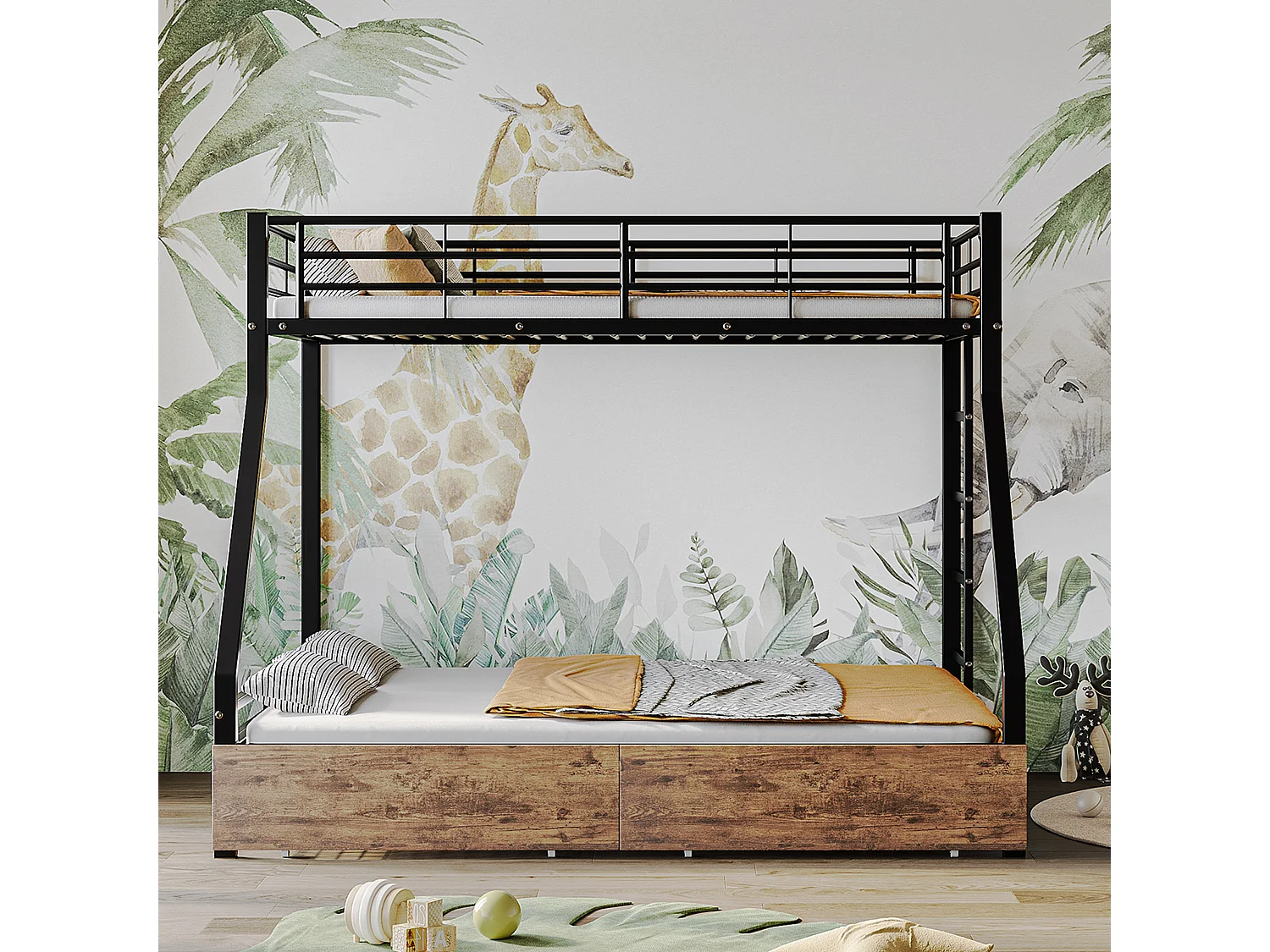 Beliches 90 x 200 cm + 140 x 200 cm com 2 gavetas - ferro + MDF - cores madeira preta e vintage