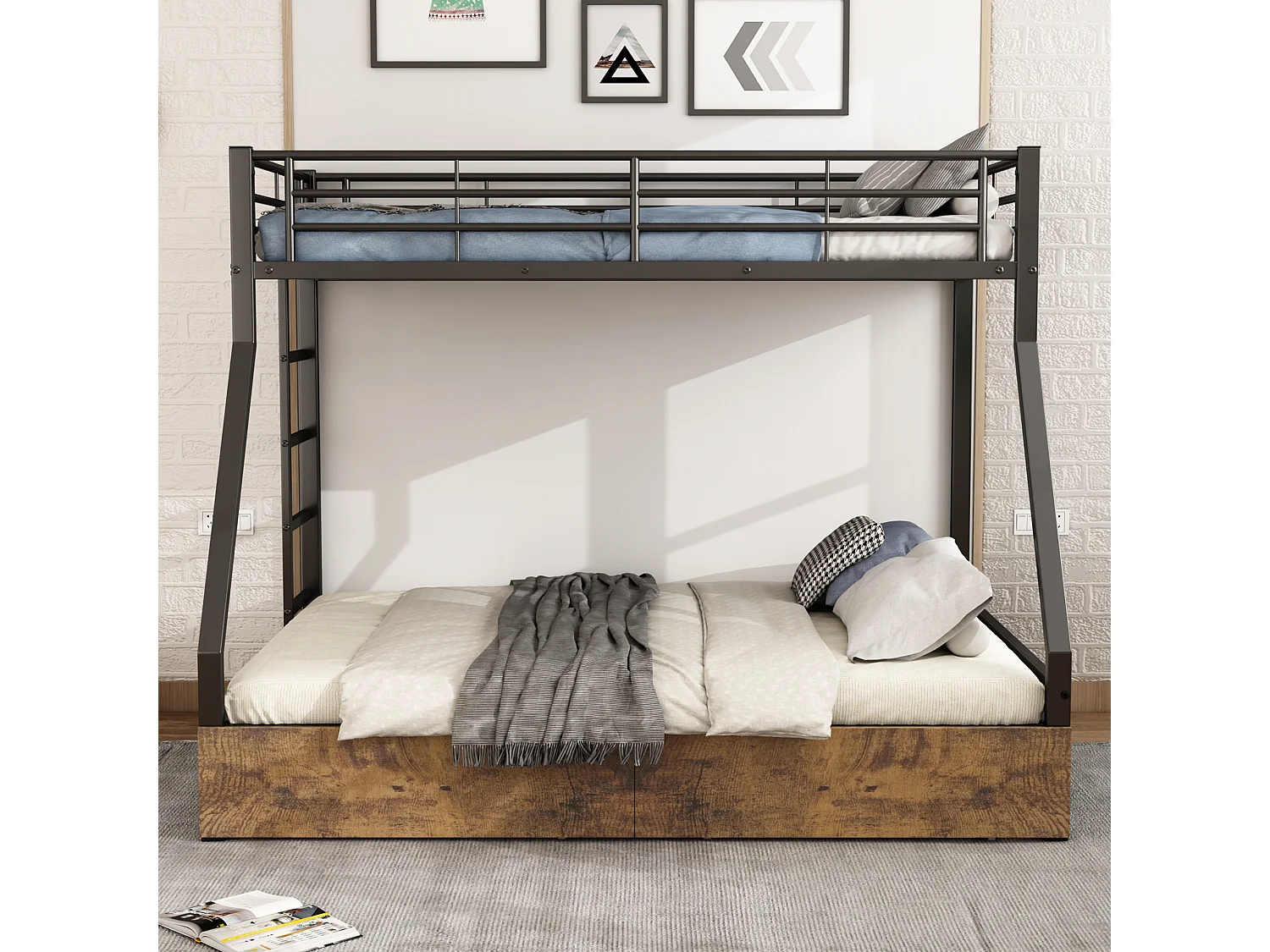 Beliches 90 x 200 cm + 140 x 200 cm com 2 gavetas - ferro + MDF - cores madeira preta e vintage