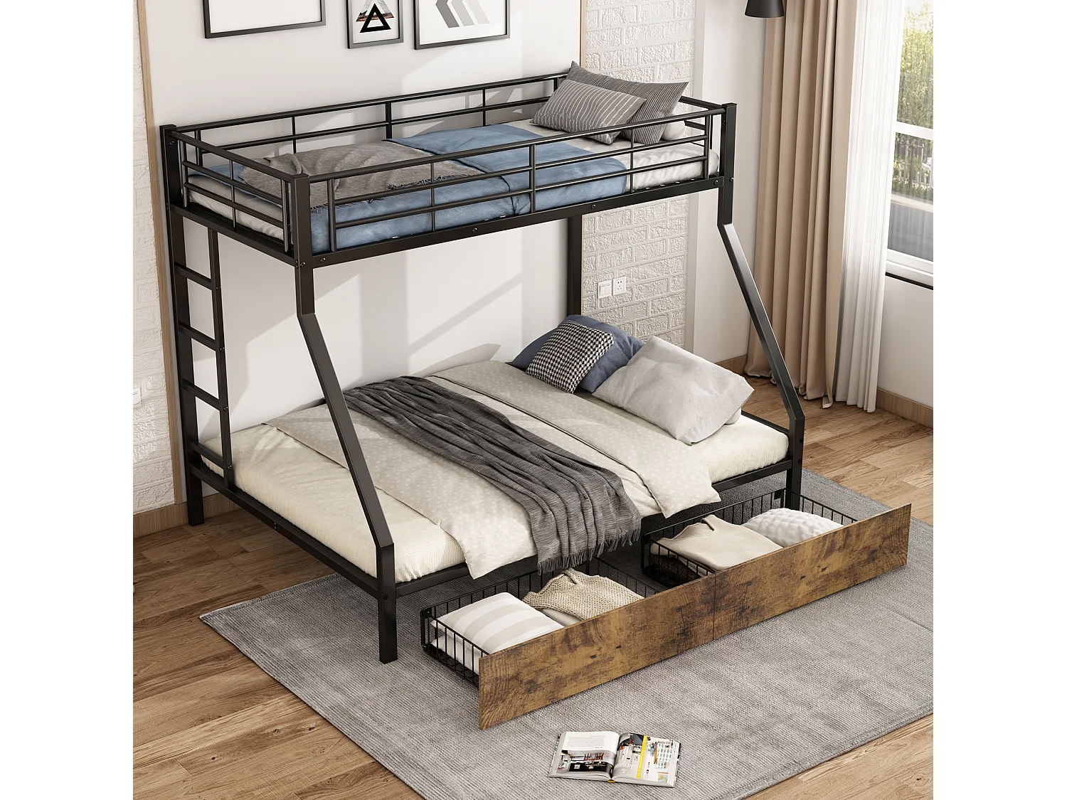 Beliches 90 x 200 cm + 140 x 200 cm com 2 gavetas - ferro + MDF - cores madeira preta e vintage