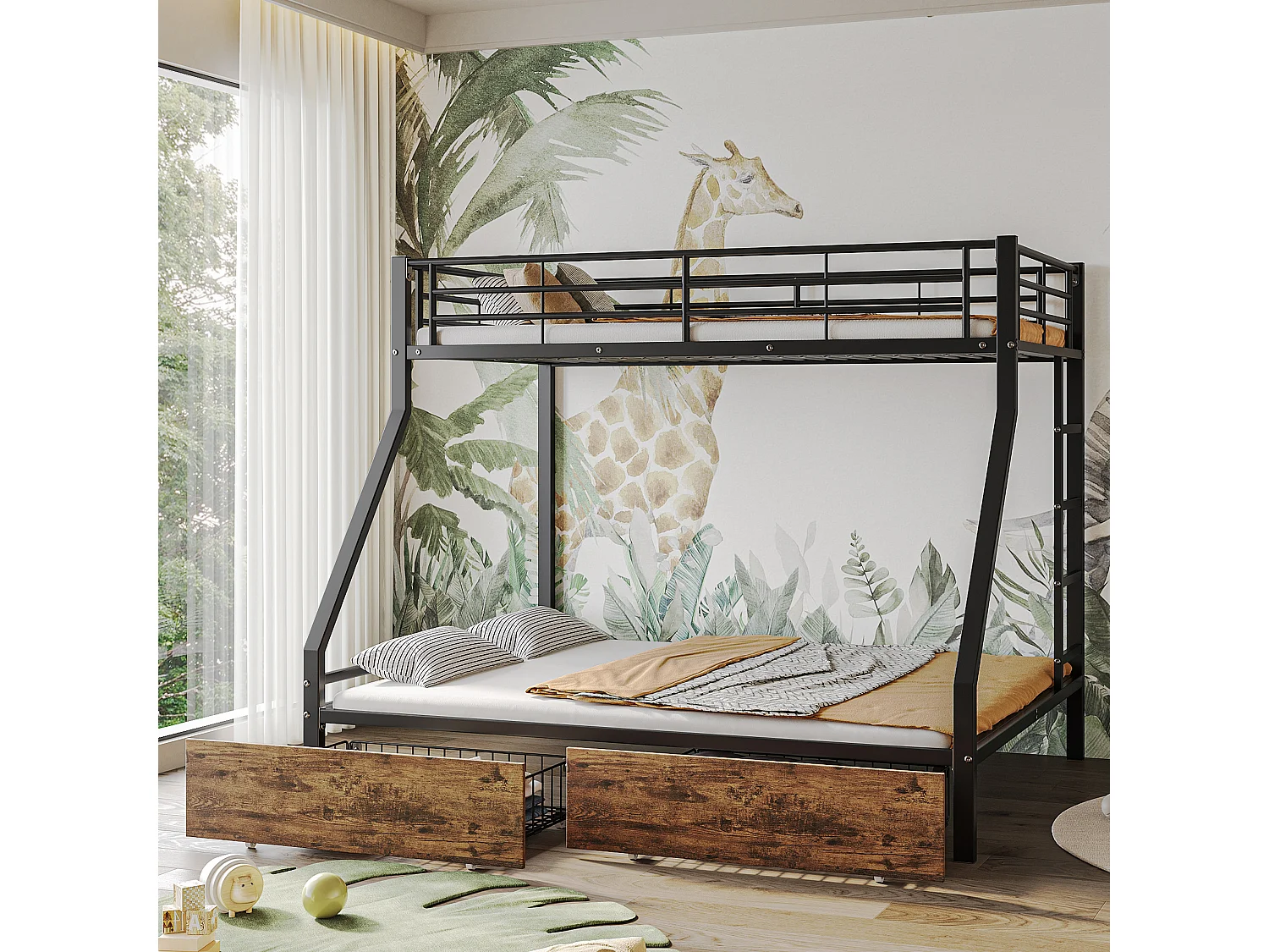 Beliches 90 x 200 cm + 140 x 200 cm com 2 gavetas - ferro + MDF - cores madeira preta e vintage