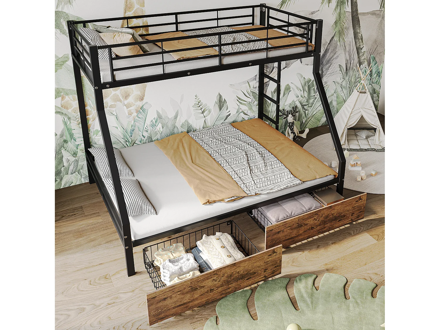 Beliches 90 x 200 cm + 140 x 200 cm com 2 gavetas - ferro + MDF - cores madeira preta e vintage