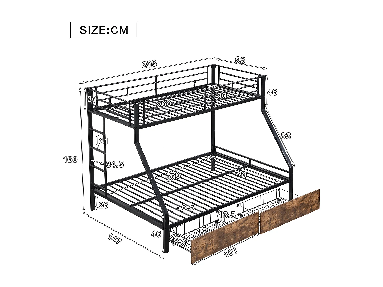 Beliches 90 x 200 cm + 140 x 200 cm com 2 gavetas - ferro + MDF - cores madeira preta e vintage