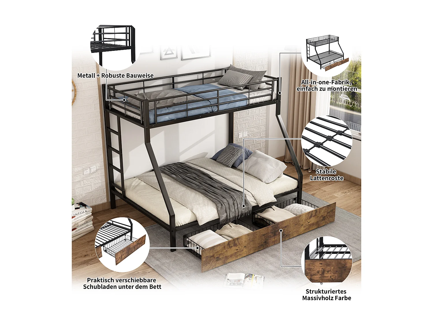 Beliches 90 x 200 cm + 140 x 200 cm com 2 gavetas - ferro + MDF - cores madeira preta e vintage