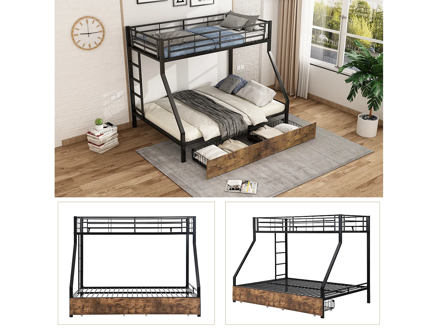 Beliches 90 x 200 cm + 140 x 200 cm com 2 gavetas - ferro + MDF - cores madeira preta e vintage