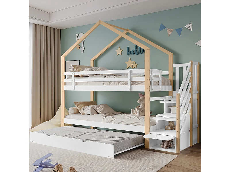 Lits superposés 2 x 90 x 200 cm avec lit gigogne 90 x 190 cm, avec 4 tiroirs et escalier, bois massif + MDF, blanc