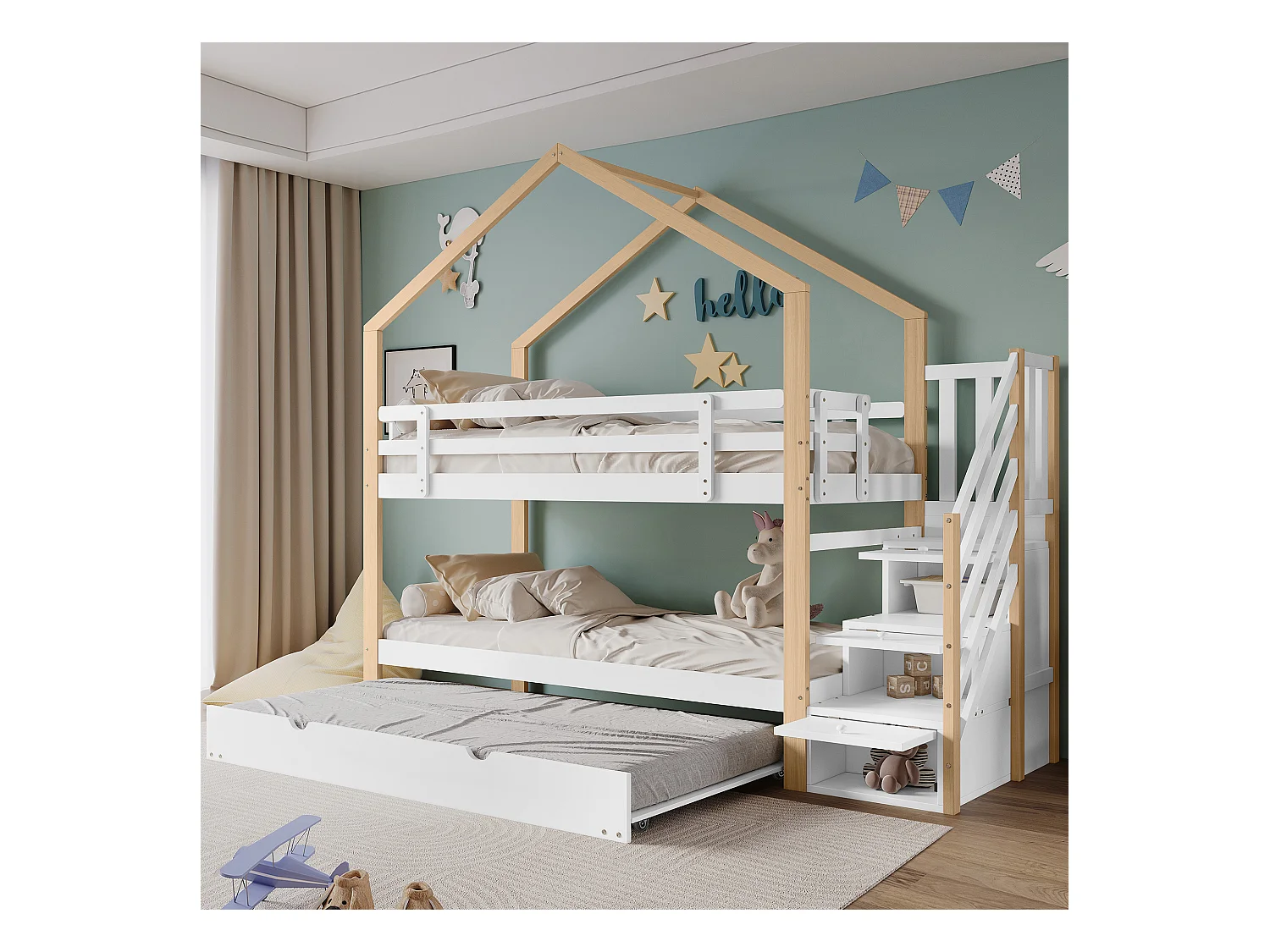 Łóżka piętrowe 2 x 90 x 200 cm z łóżkiem wysuwanym 90 x 190 cm, z 4 szufladami i schodkami, lite drewno + MDF, białe