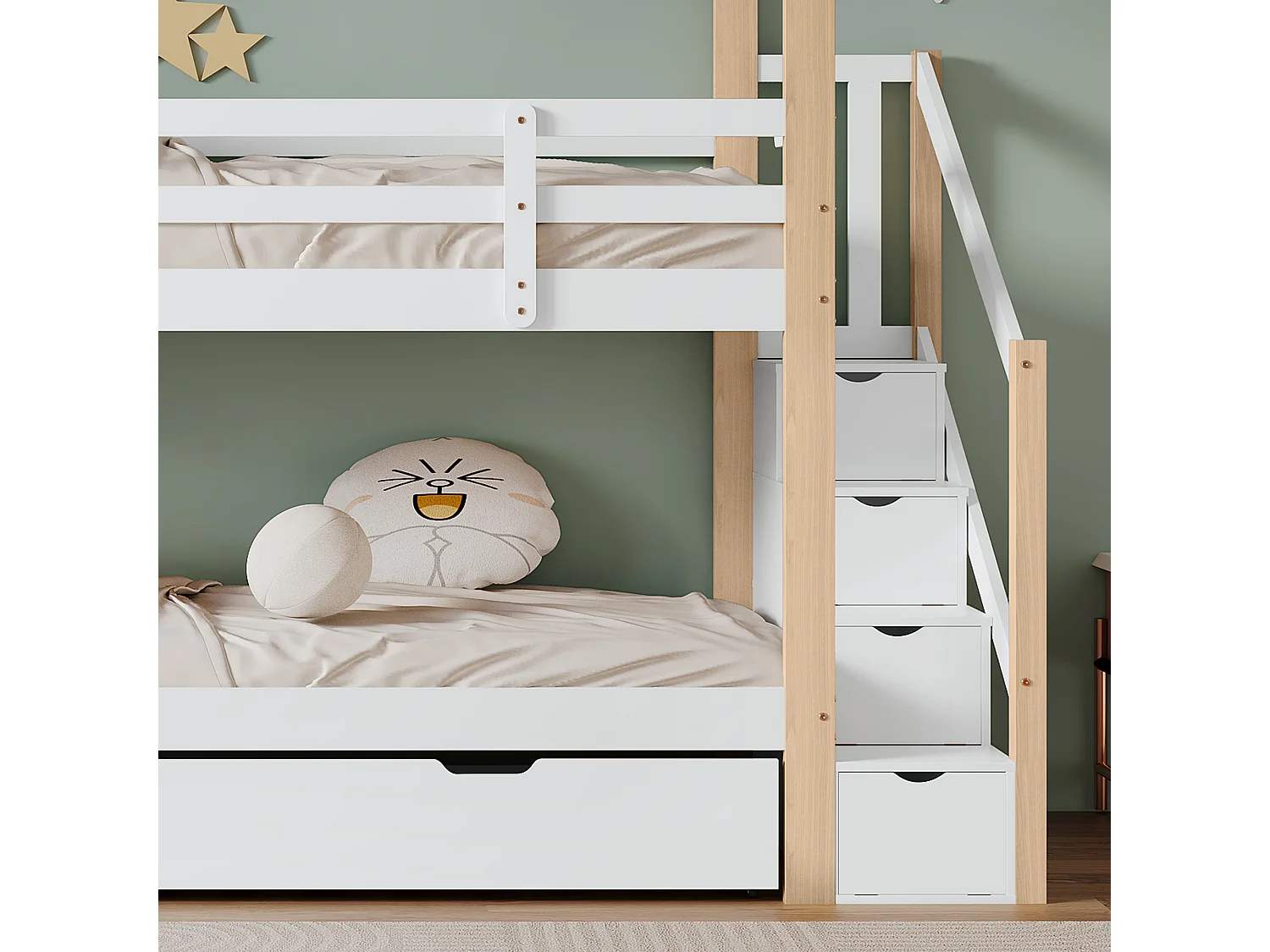 Łóżka piętrowe 2 x 90 x 200 cm z łóżkiem wysuwanym 90 x 190 cm, z 4 szufladami i schodkami, lite drewno + MDF, białe