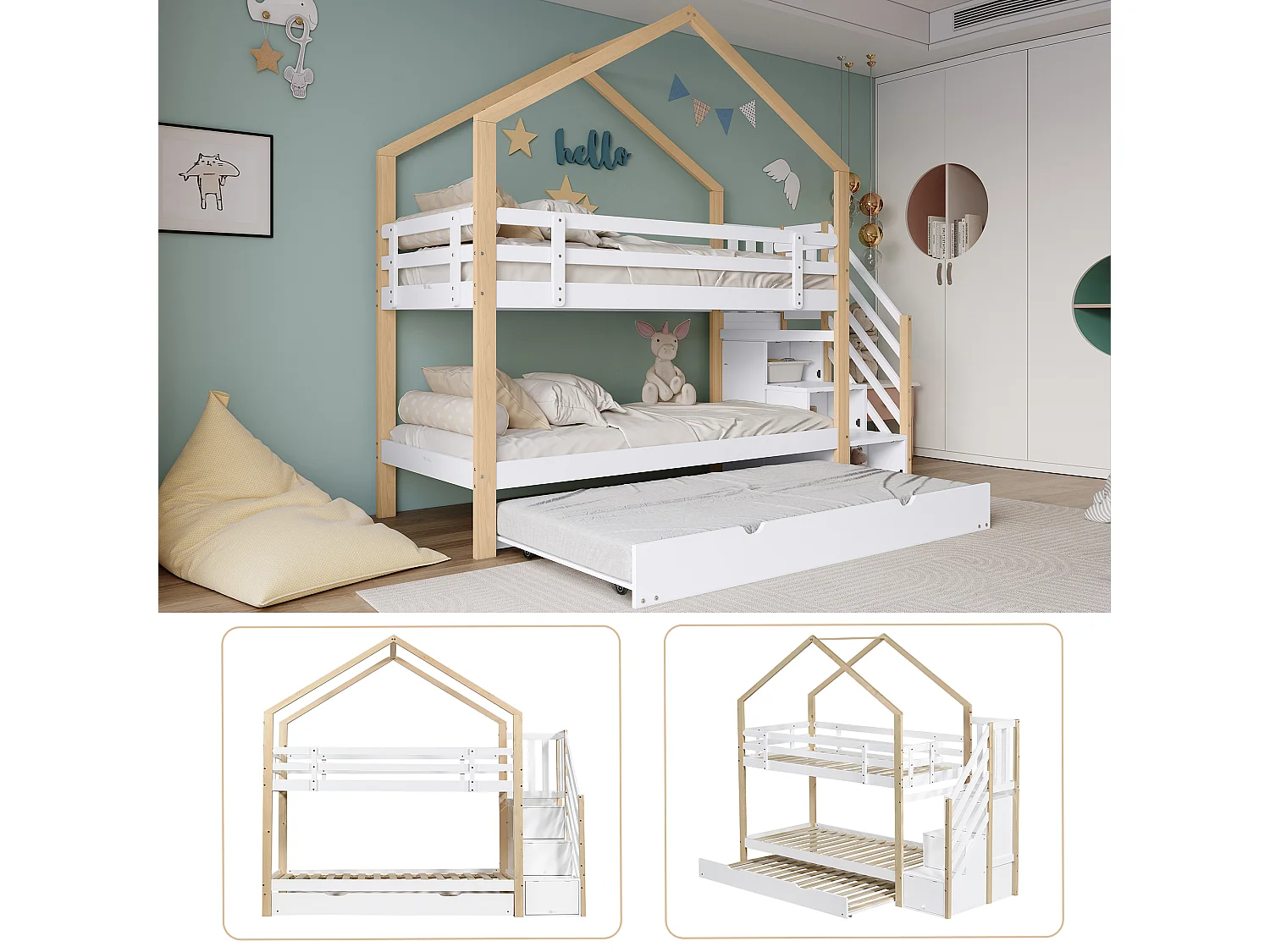 Lits superposés 2 x 90 x 200 cm avec lit gigogne 90 x 190 cm, avec 4 tiroirs et escalier, bois massif + MDF, blanc