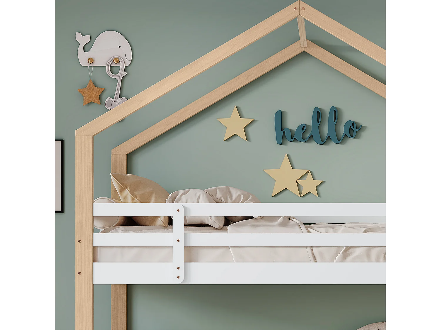 Lits superposés 2 x 90 x 200 cm avec lit gigogne 90 x 190 cm, avec 4 tiroirs et escalier, bois massif + MDF, blanc