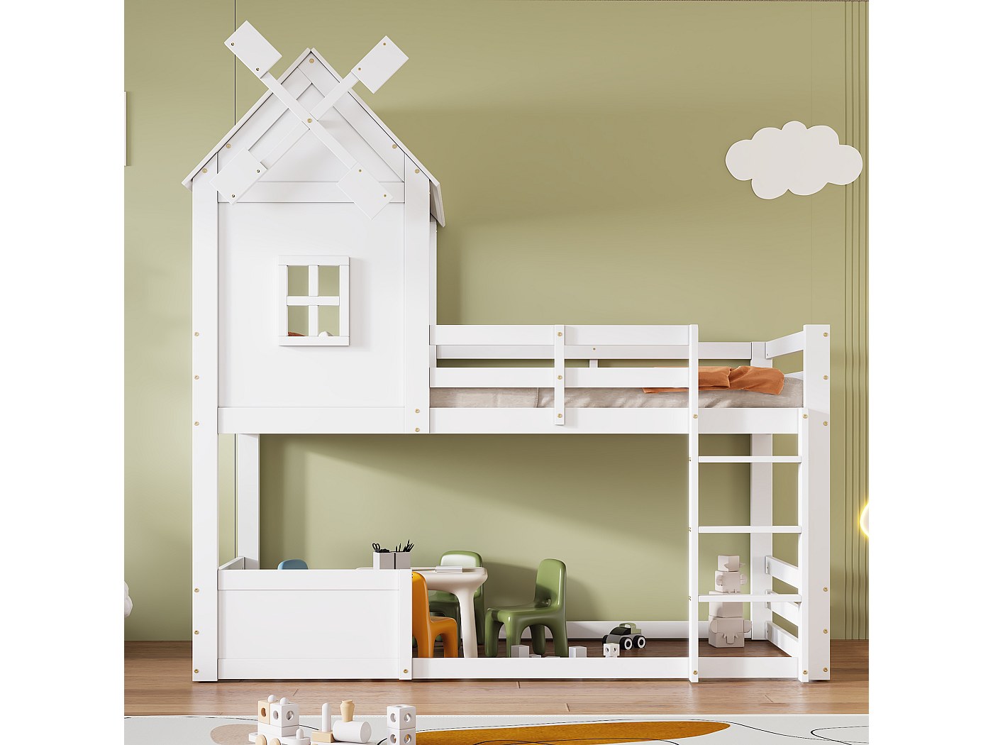 Letto a castello con corrimano, finestra, letto a casetta per bambini