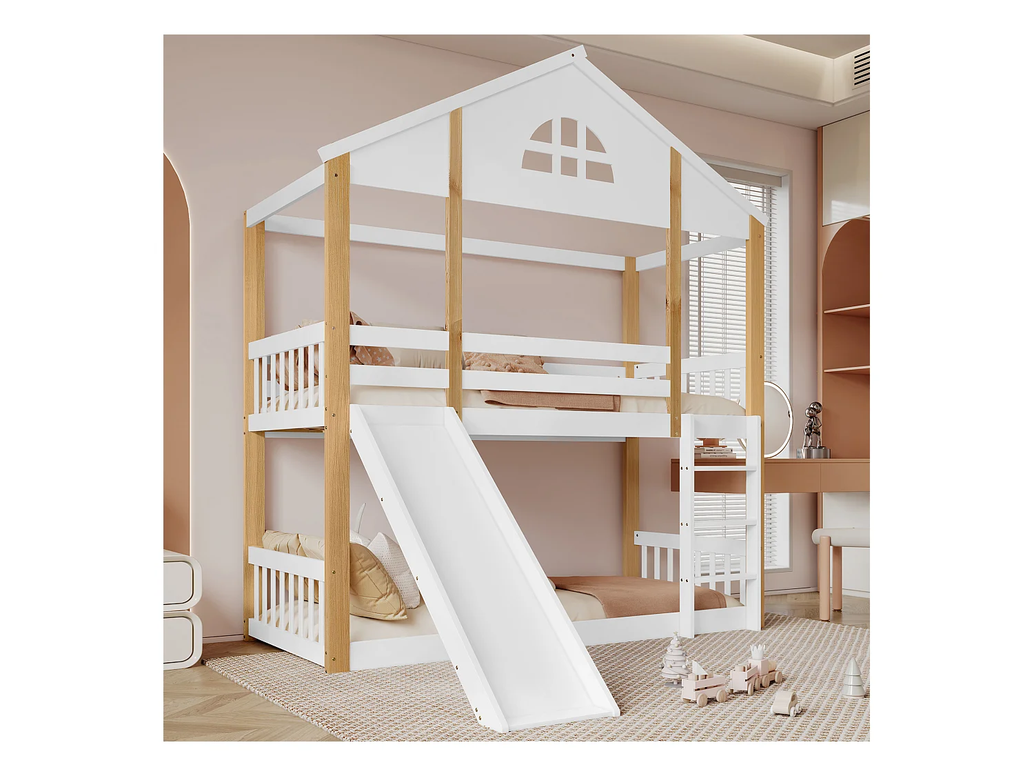 Etagenbett 2 x 90 x 200 cm mit Rutsche und Leiter - Massivholz und MDF - weiß