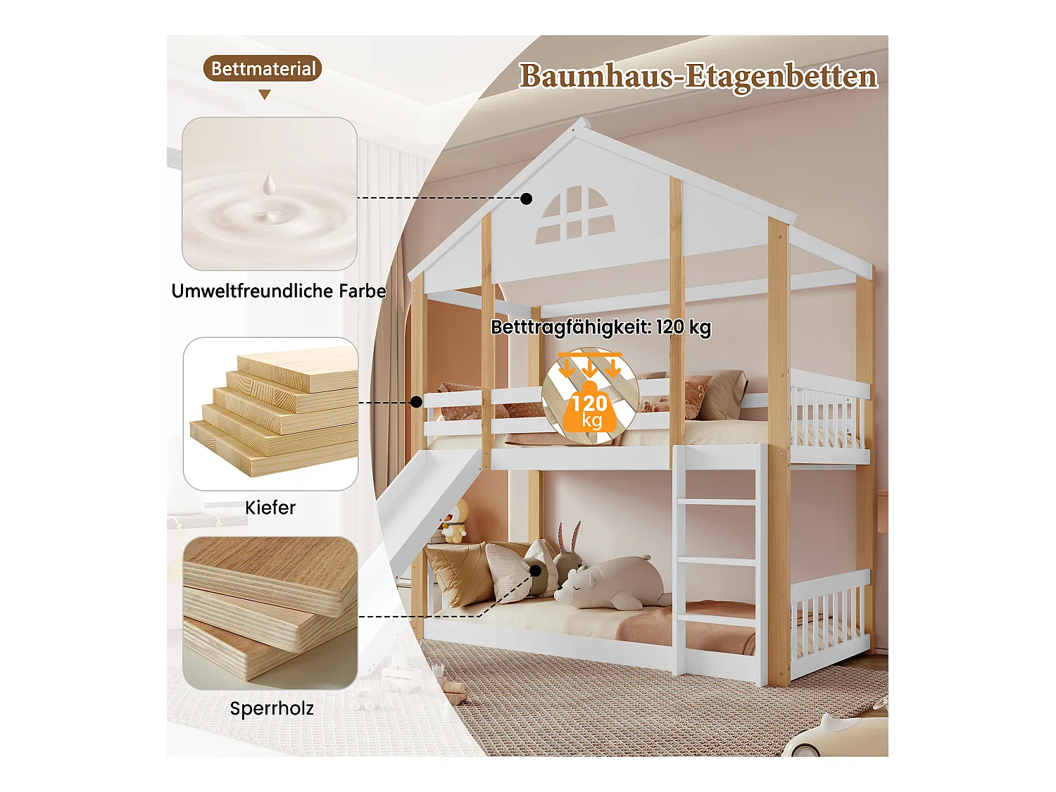 Etagenbett 2 x 90 x 200 cm mit Rutsche und Leiter - Massivholz und MDF - weiß