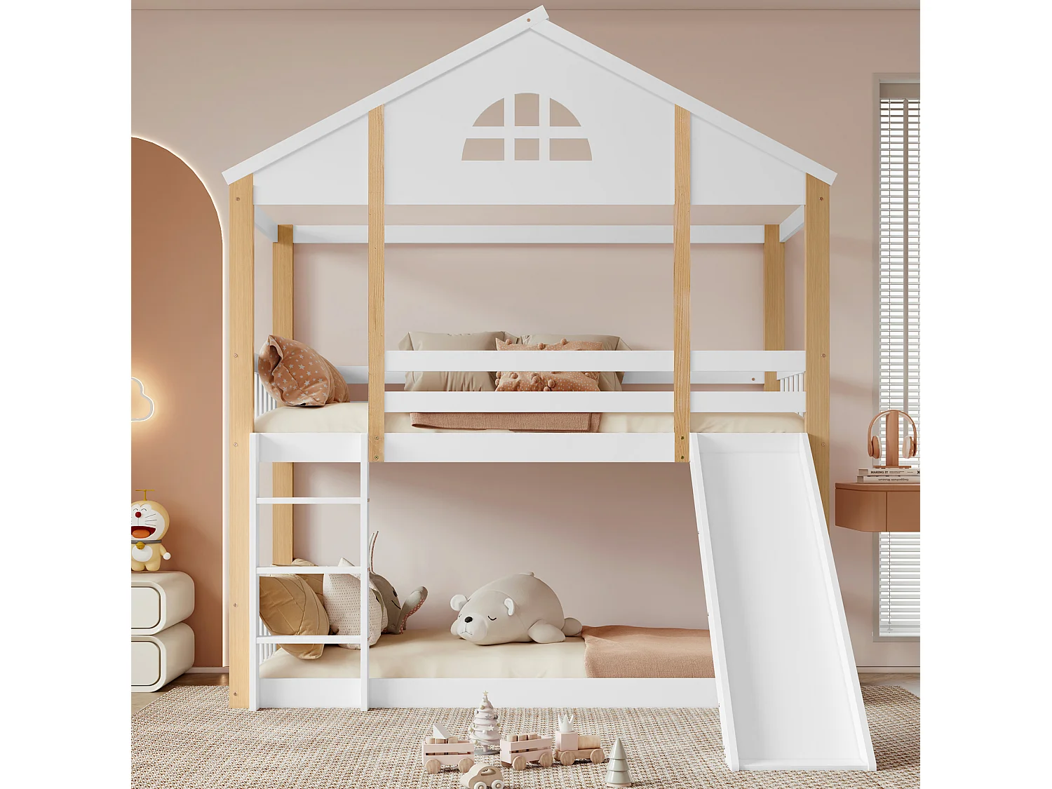 Lits superposés 2 x 90 x 200 cm avec toboggan et échelle - bois massif et MDF - blanc