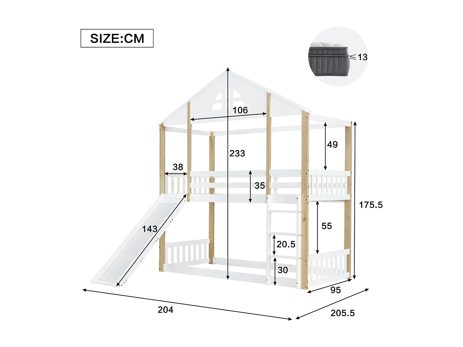 Lits superposés 2 x 90 x 200 cm avec toboggan et échelle - bois massif et MDF - blanc