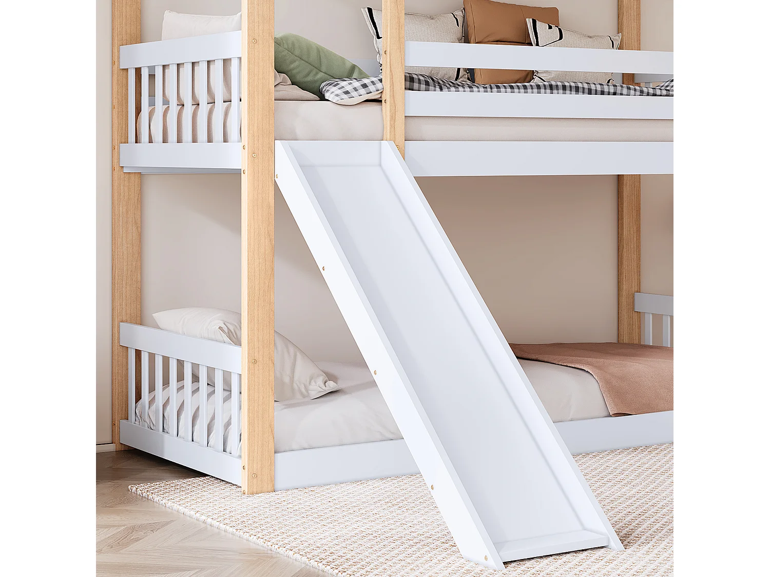 Lits superposés 2 x 90 x 200 cm avec toboggan et échelle - bois massif et MDF - blanc