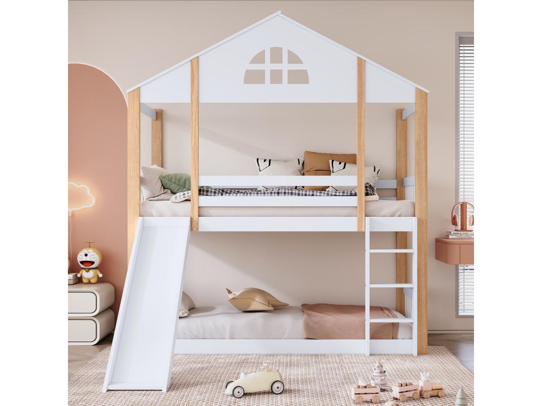 Beliches 2 x 90 x 200 cm com escorregador e escada - madeira maciça e MDF - branco