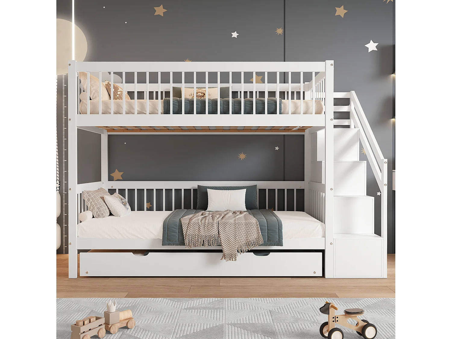 Etagenbetten 2 x 90 x 200 cm + Ausziehbett 90 x 190 cm – 3 Schubladen und Treppe – Kiefer + MDF – Farbe Weiß