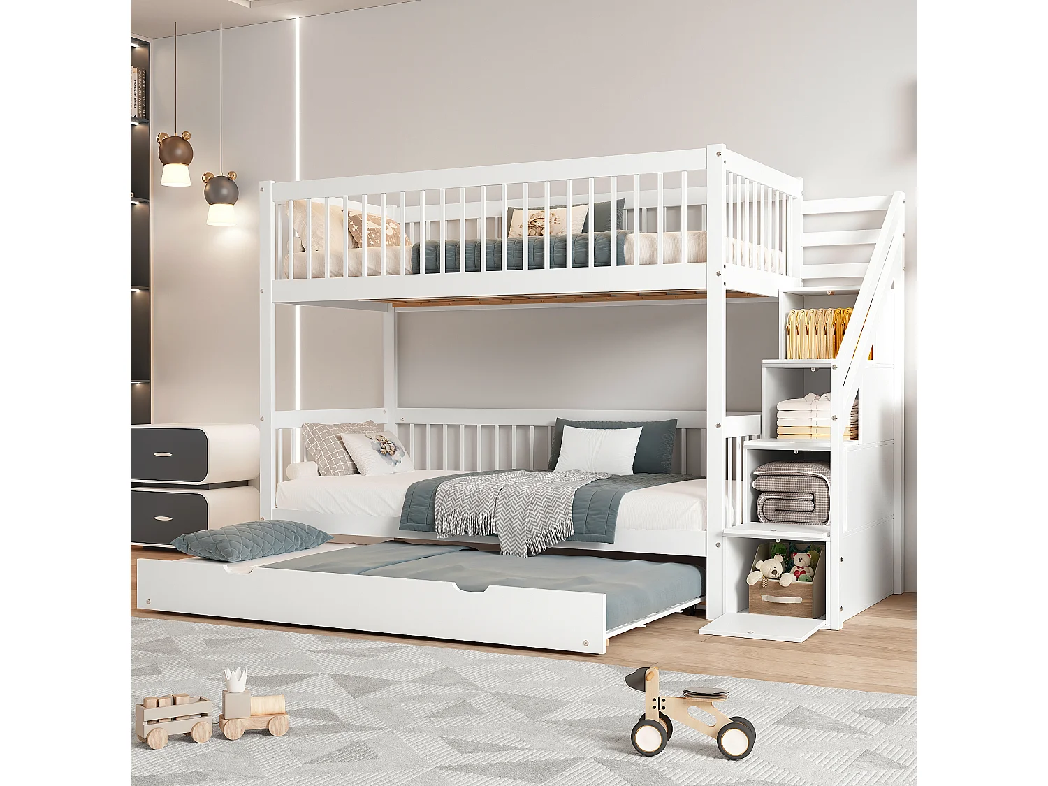 Etagenbetten 2 x 90 x 200 cm + Ausziehbett 90 x 190 cm – 3 Schubladen und Treppe – Kiefer + MDF – Farbe Weiß