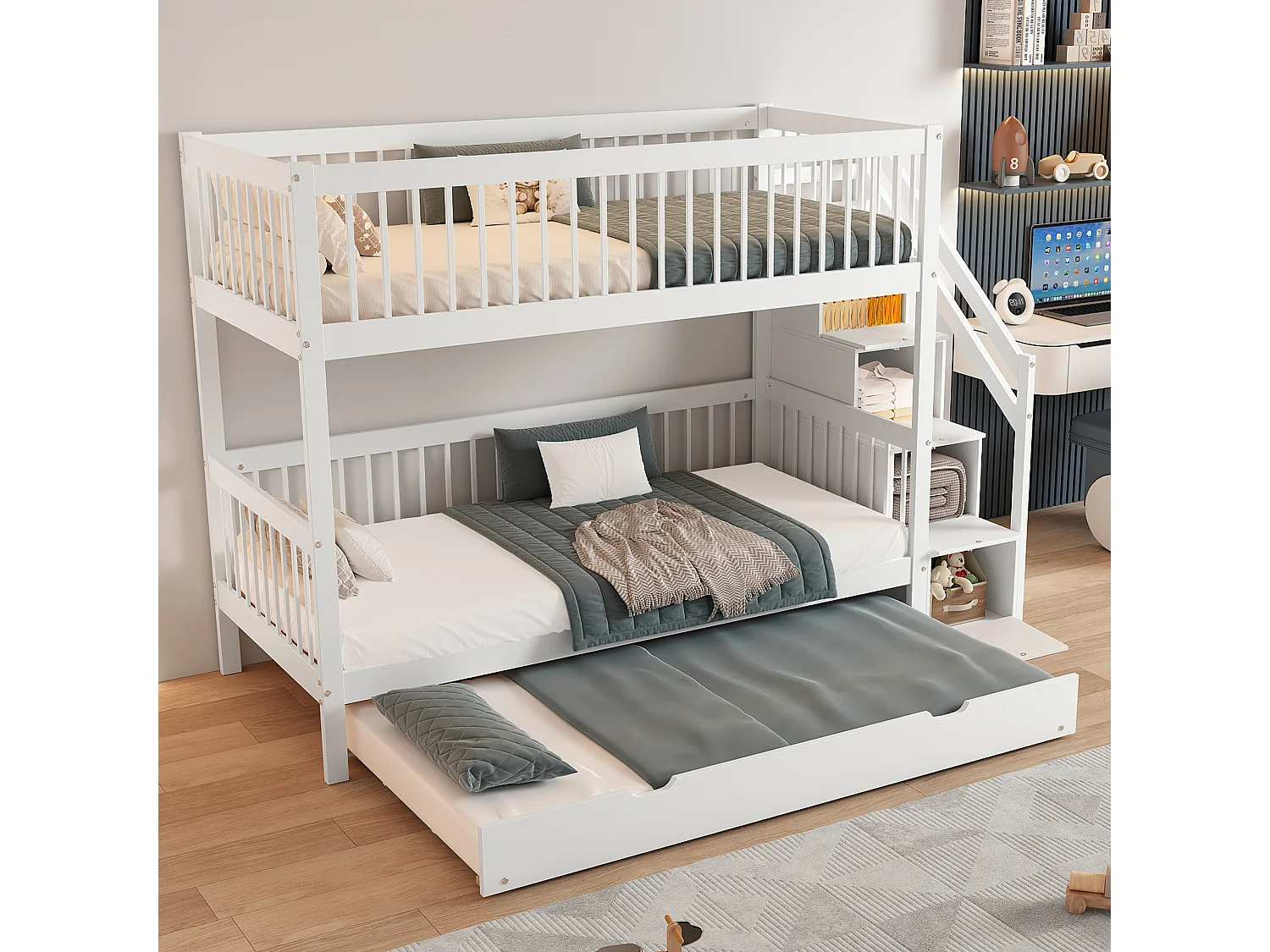 Etagenbetten 2 x 90 x 200 cm + Ausziehbett 90 x 190 cm – 3 Schubladen und Treppe – Kiefer + MDF – Farbe Weiß