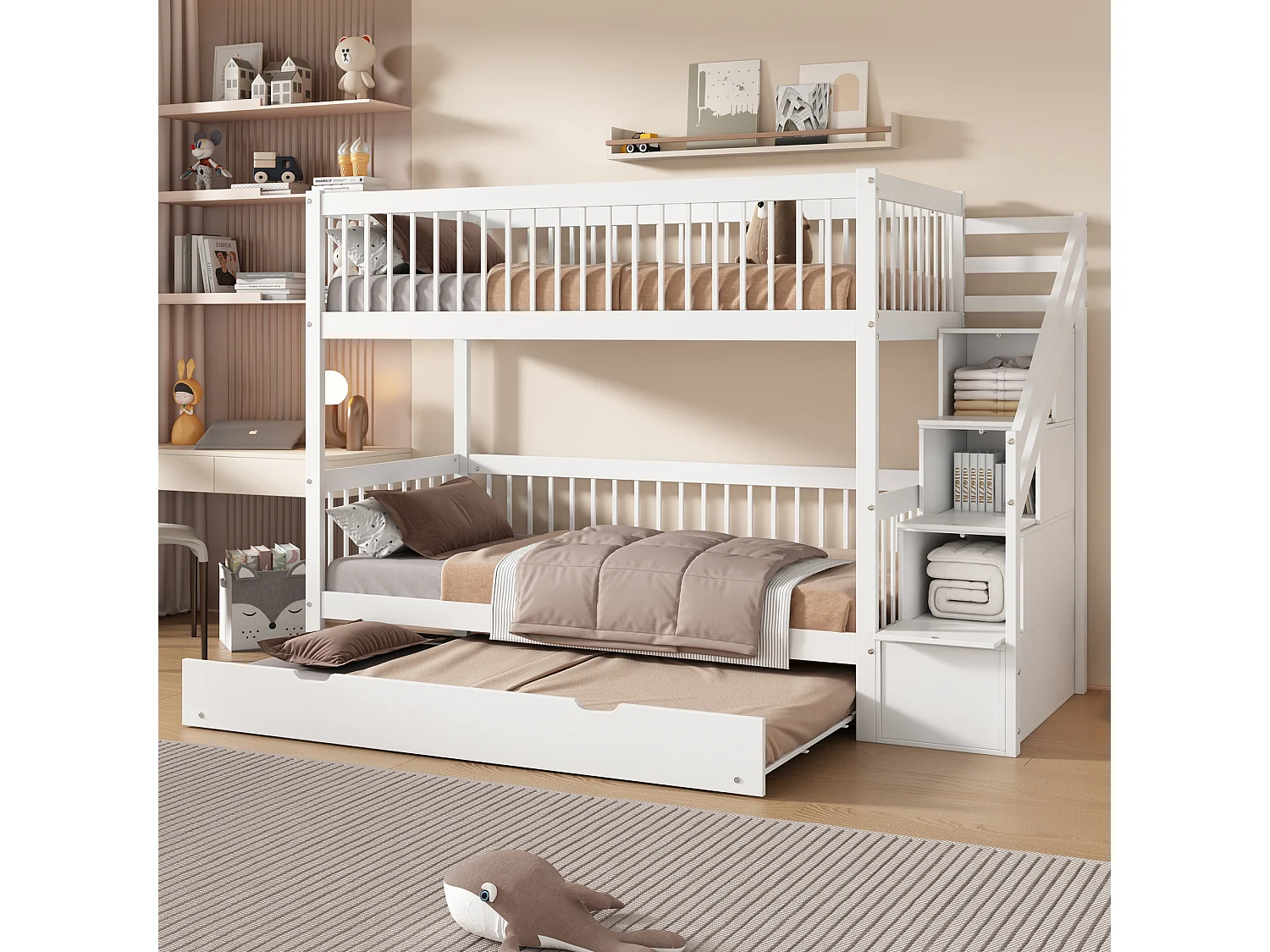 Etagenbetten 2 x 90 x 200 cm + Ausziehbett 90 x 190 cm – 3 Schubladen und Treppe – Kiefer + MDF – Farbe Weiß