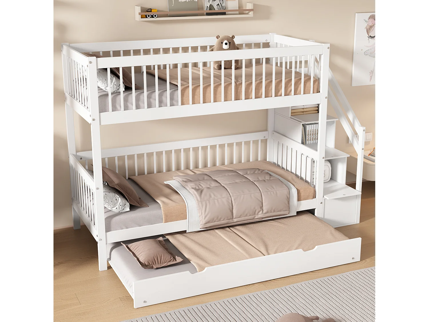 Etagenbetten 2 x 90 x 200 cm + Ausziehbett 90 x 190 cm – 3 Schubladen und Treppe – Kiefer + MDF – Farbe Weiß
