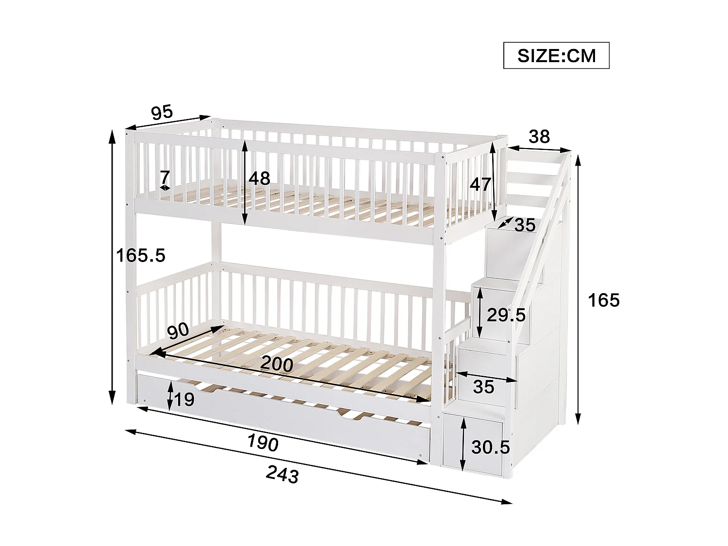 Etagenbetten 2 x 90 x 200 cm + Ausziehbett 90 x 190 cm – 3 Schubladen und Treppe – Kiefer + MDF – Farbe Weiß