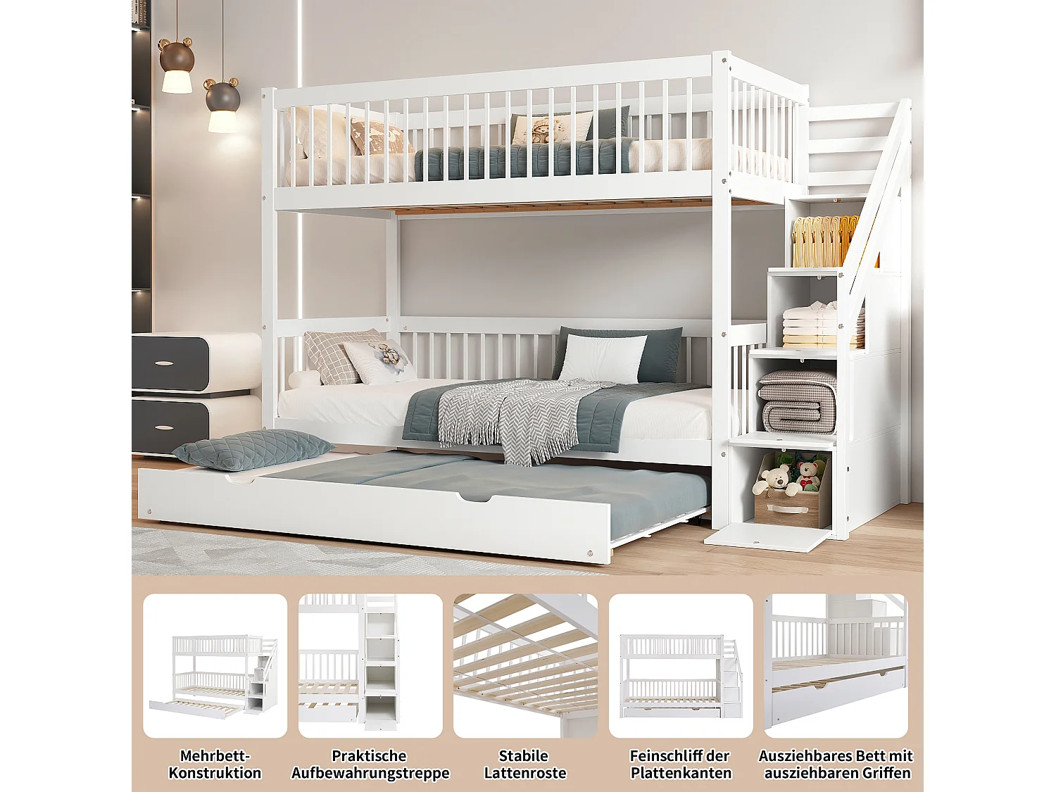 Etagenbetten 2 x 90 x 200 cm + Ausziehbett 90 x 190 cm – 3 Schubladen und Treppe – Kiefer + MDF – Farbe Weiß
