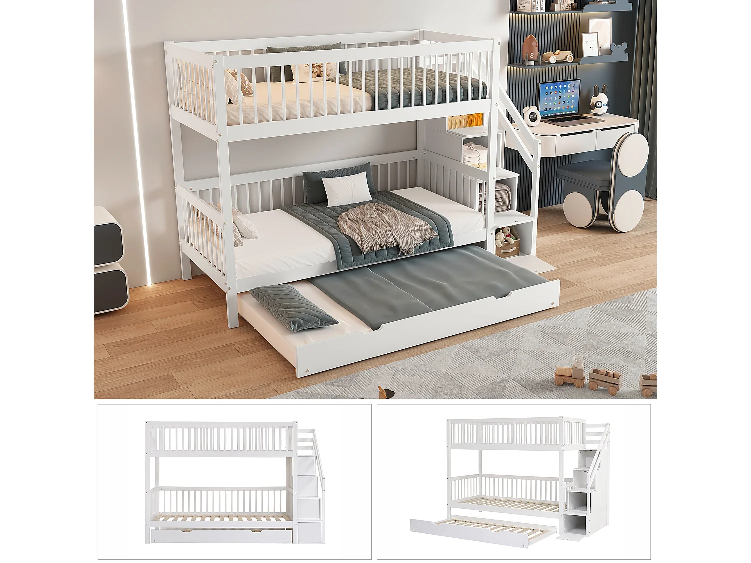 Etagenbetten 2 x 90 x 200 cm + Ausziehbett 90 x 190 cm – 3 Schubladen und Treppe – Kiefer + MDF – Farbe Weiß