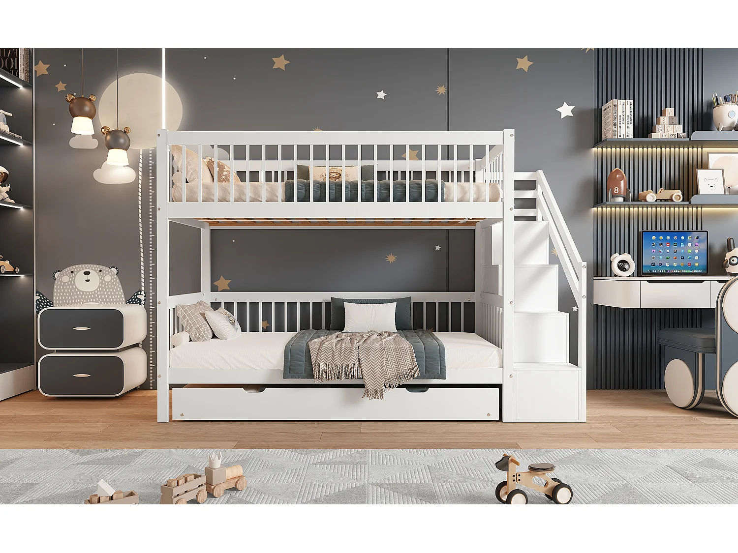 Etagenbetten 2 x 90 x 200 cm + Ausziehbett 90 x 190 cm – 3 Schubladen und Treppe – Kiefer + MDF – Farbe Weiß