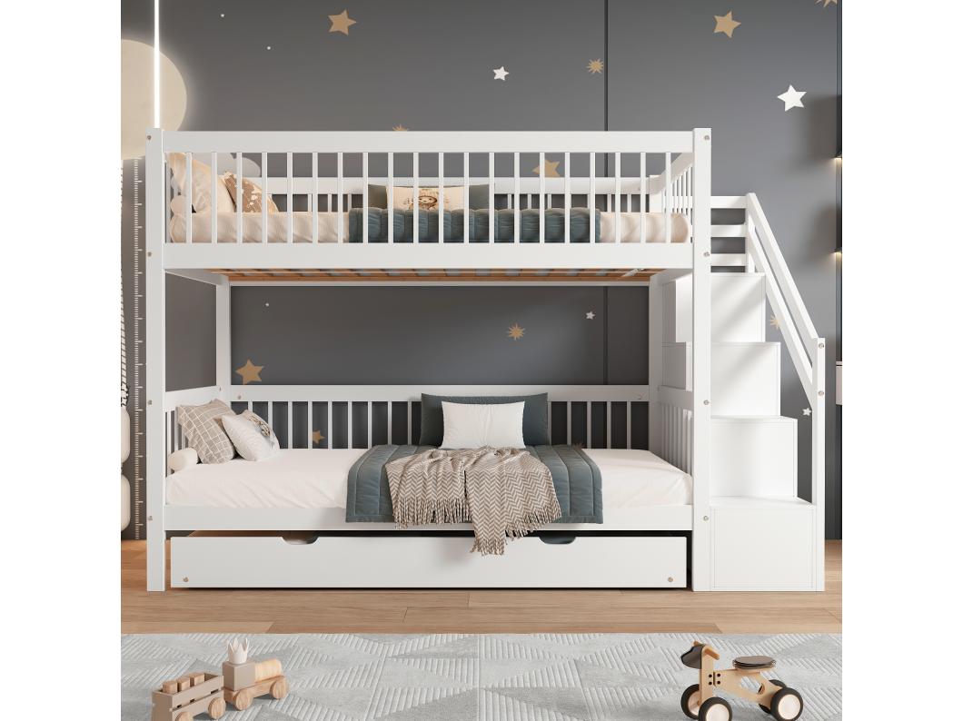Stapelbedden 2 x 90 x 200 cm + onderschuifbed 90 x 190 cm - 3 lades en trap - grenen + MDF - kleur wit