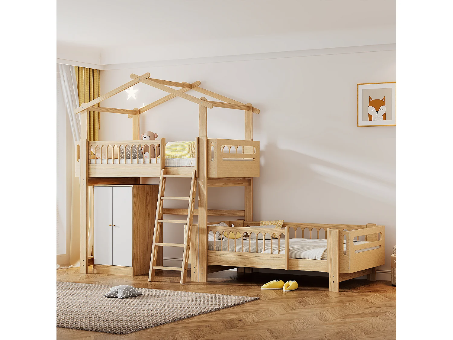 Lits superposés 2 x 90 x 200 cm avec armoire et échelle - bois de pin et MDF - sommier à lattes - coloris naturel+blanc