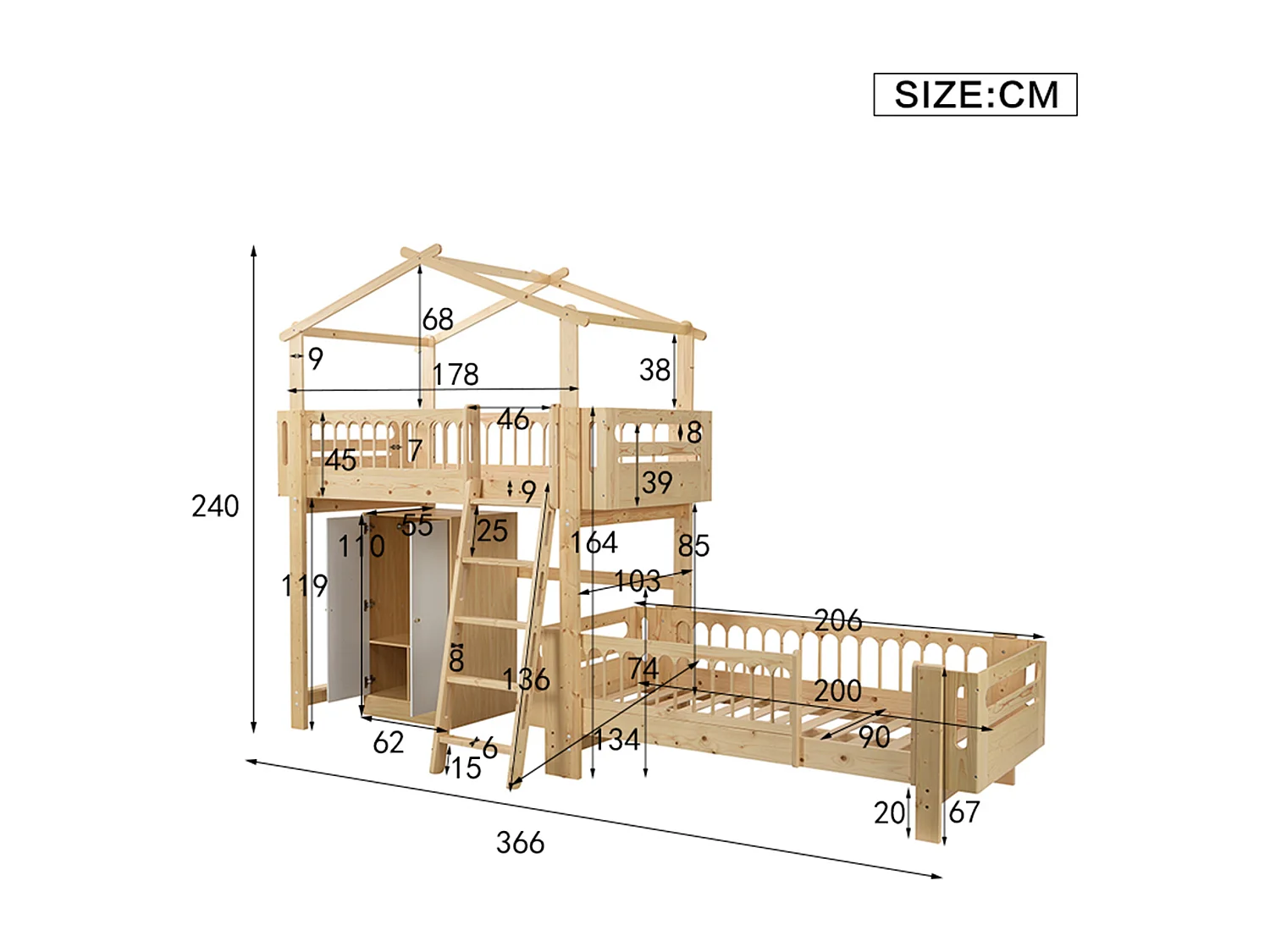 Lits superposés 2 x 90 x 200 cm avec armoire et échelle - bois de pin et MDF - sommier à lattes - coloris naturel+blanc