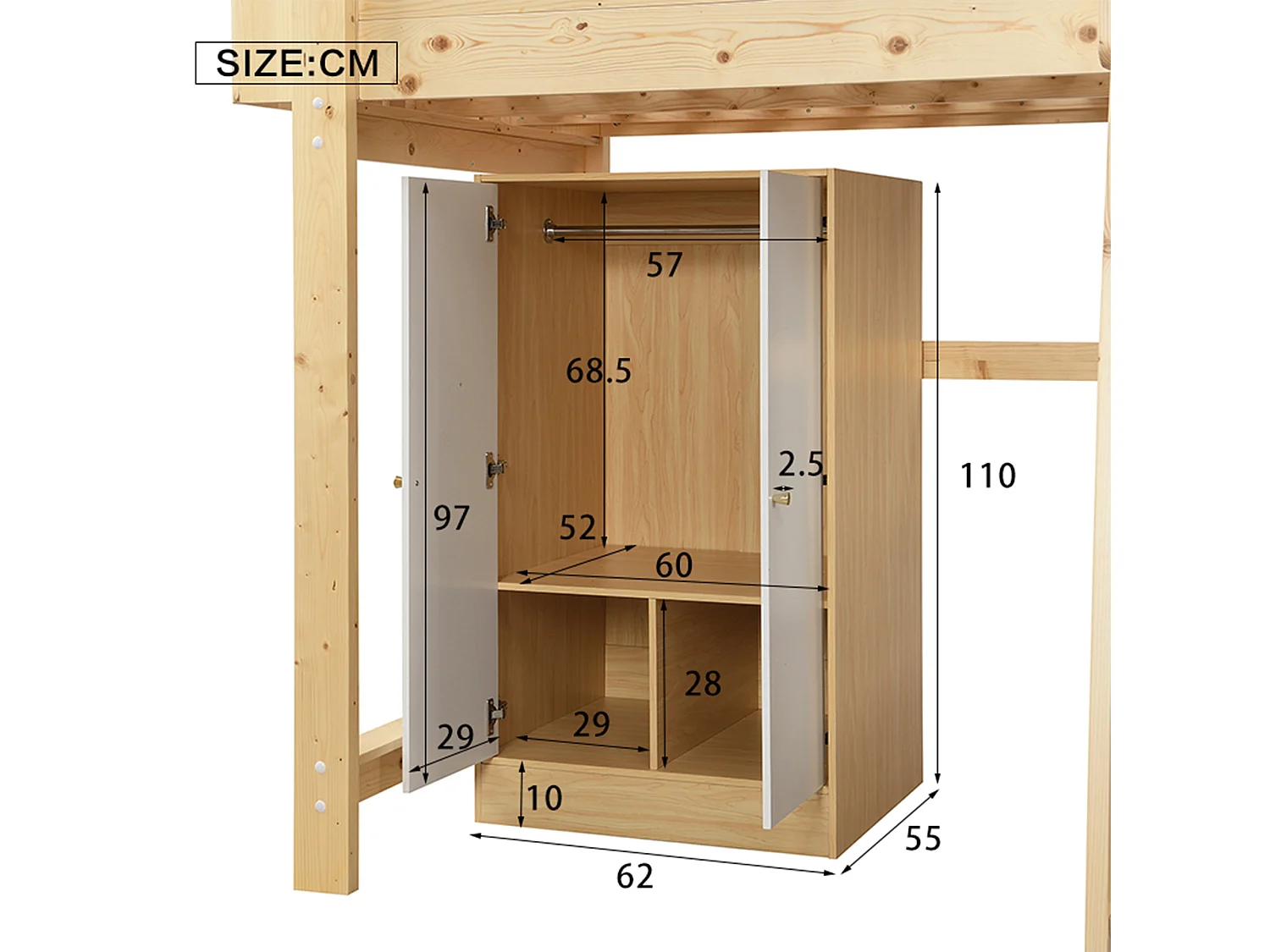 Lits superposés 2 x 90 x 200 cm avec armoire et échelle - bois de pin et MDF - sommier à lattes - coloris naturel+blanc