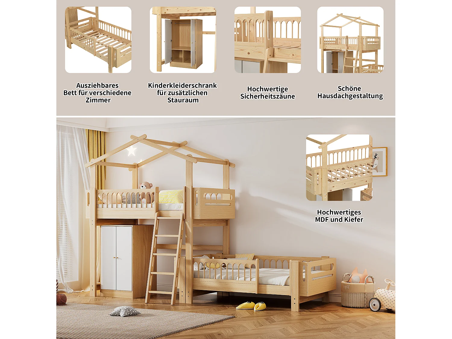 Lits superposés 2 x 90 x 200 cm avec armoire et échelle - bois de pin et MDF - sommier à lattes - coloris naturel+blanc