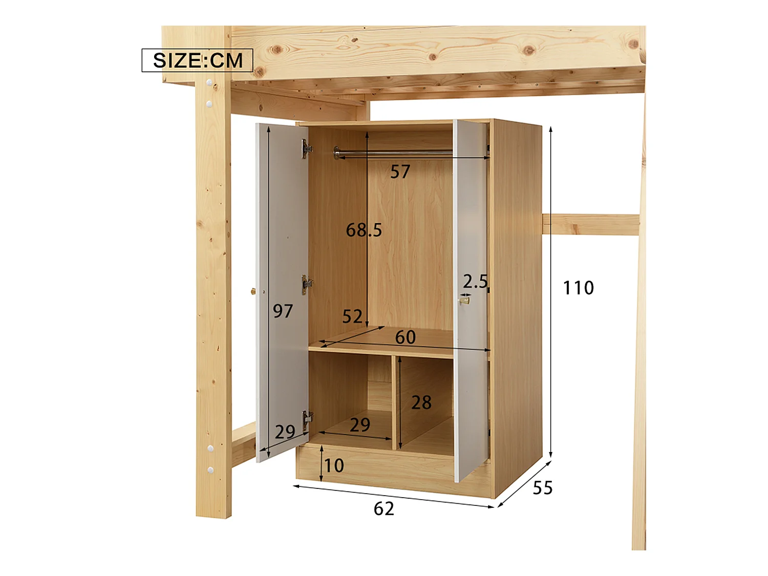 Lits superposés 2 x 90 x 200 cm avec armoire et échelle - bois de pin et MDF - sommier à lattes - coloris naturel+blanc