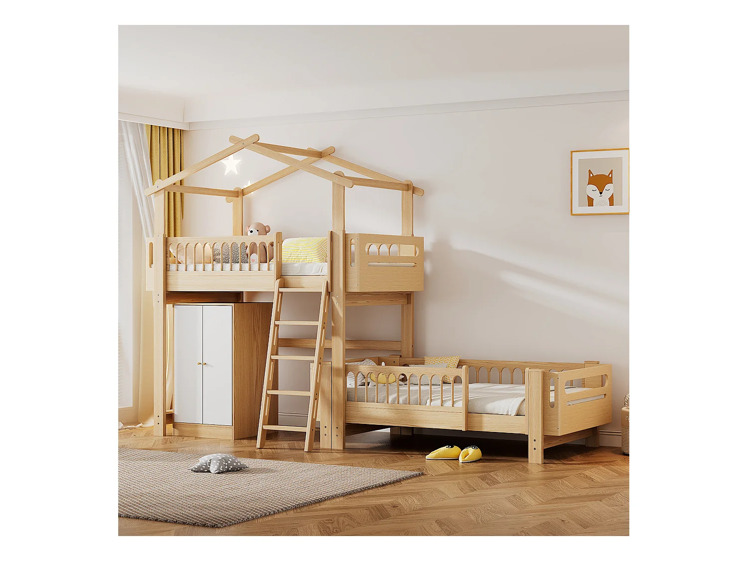 Lits superposés 2 x 90 x 200 cm avec armoire et échelle - bois de pin et MDF - sommier à lattes - coloris naturel+blanc