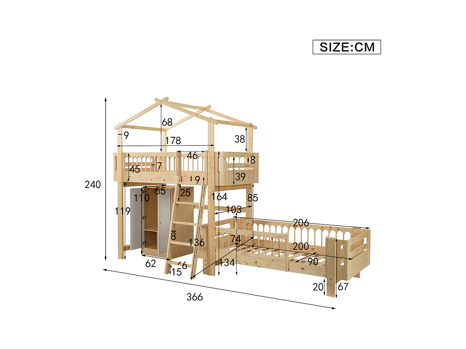 Lits superposés 2 x 90 x 200 cm avec armoire et échelle - bois de pin et MDF - sommier à lattes - coloris naturel+blanc