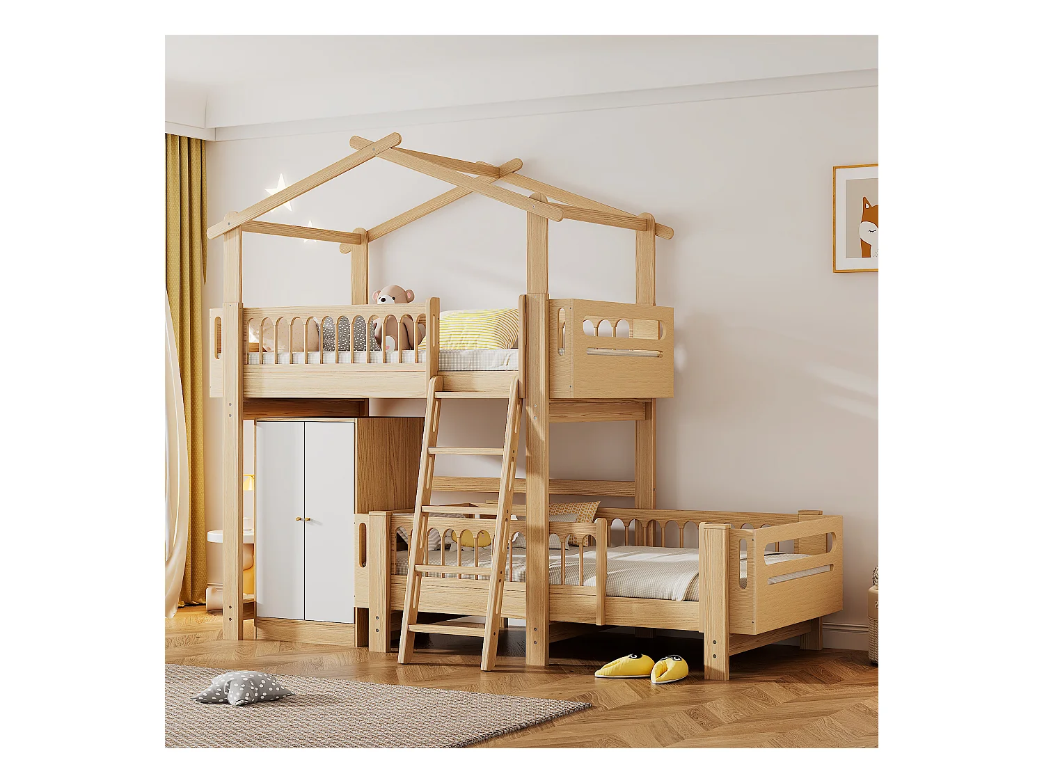 Lits superposés 2 x 90 x 200 cm avec armoire et échelle - bois de pin et MDF - sommier à lattes - coloris naturel+blanc