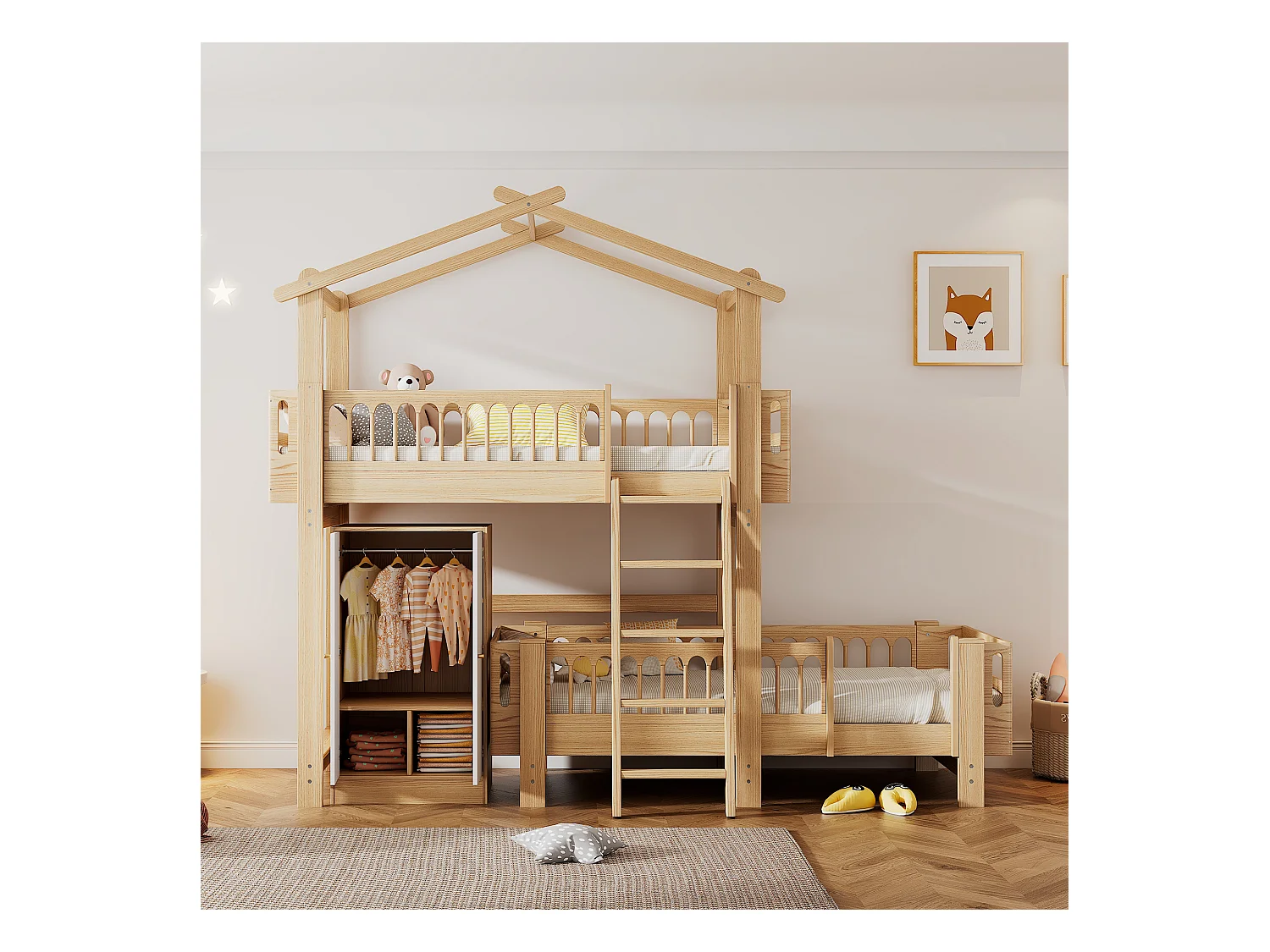 Lits superposés 2 x 90 x 200 cm avec armoire et échelle - bois de pin et MDF - sommier à lattes - coloris naturel+blanc