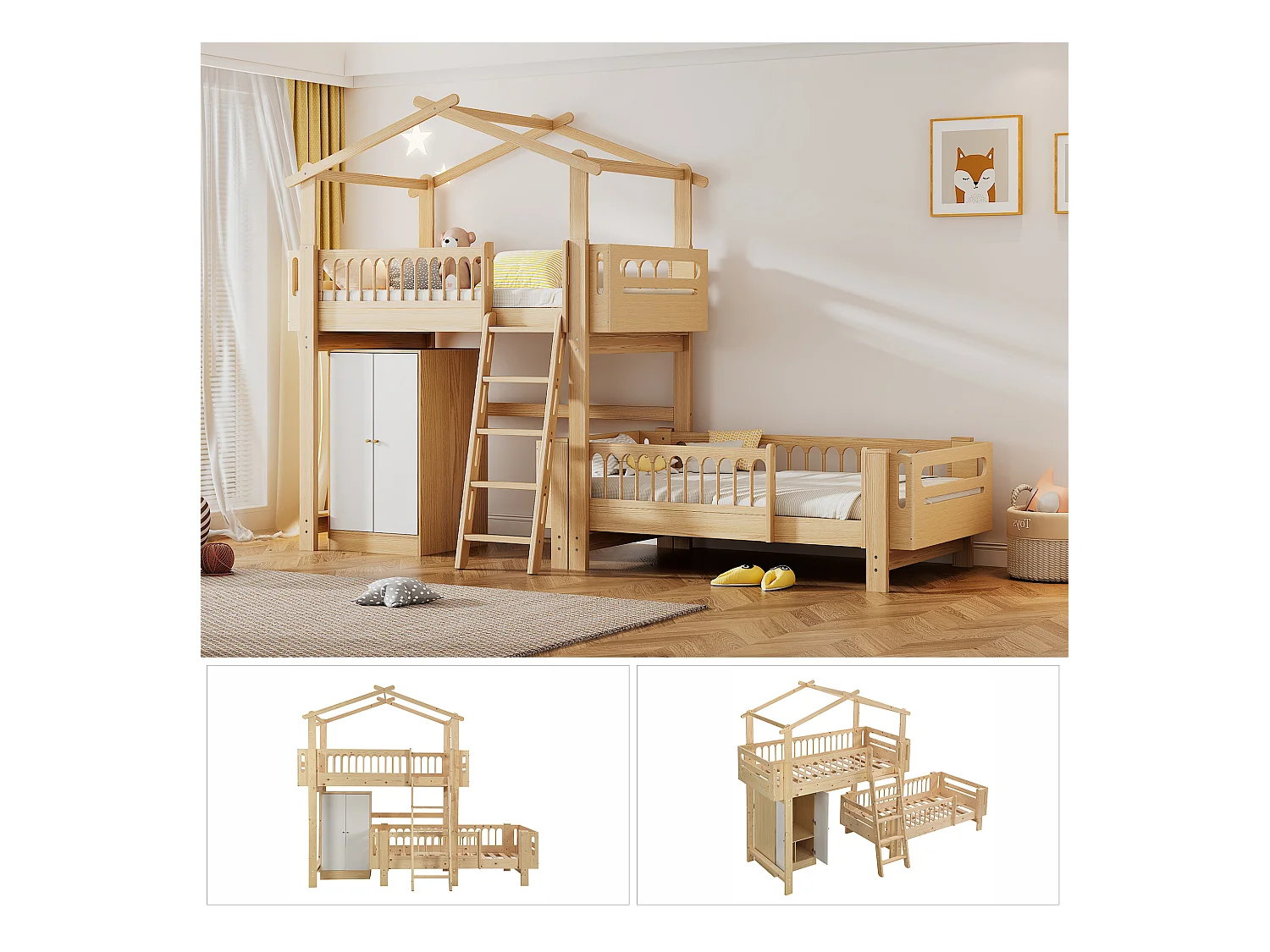 Lits superposés 2 x 90 x 200 cm avec armoire et échelle - bois de pin et MDF - sommier à lattes - coloris naturel+blanc