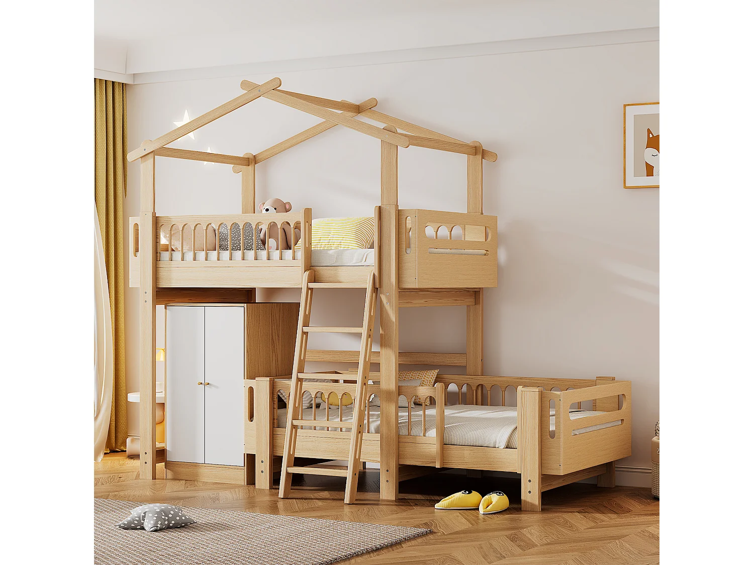 Lits superposés 2 x 90 x 200 cm avec armoire et échelle - bois de pin et MDF - sommier à lattes - coloris naturel+blanc