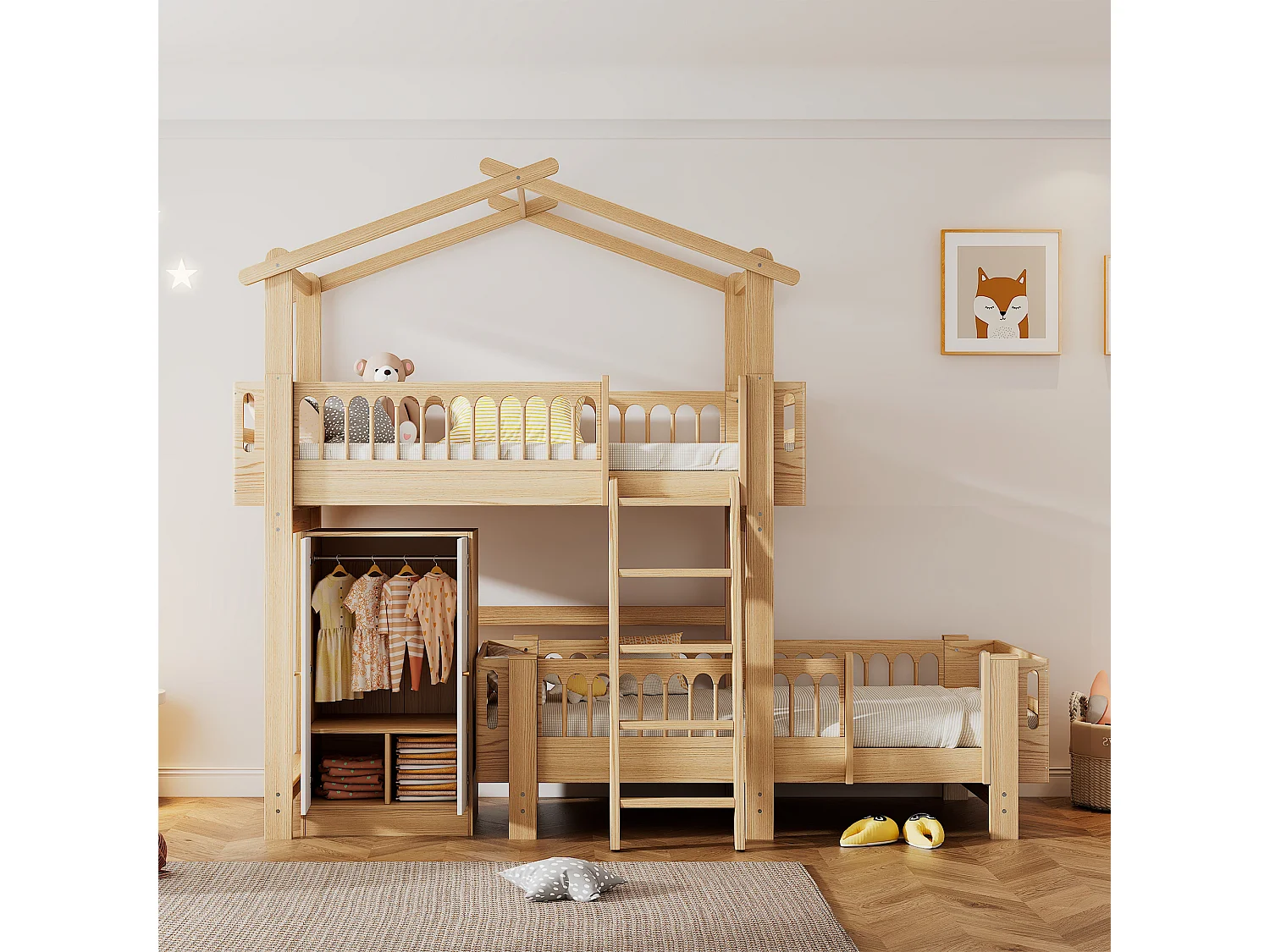 Lits superposés 2 x 90 x 200 cm avec armoire et échelle - bois de pin et MDF - sommier à lattes - coloris naturel+blanc