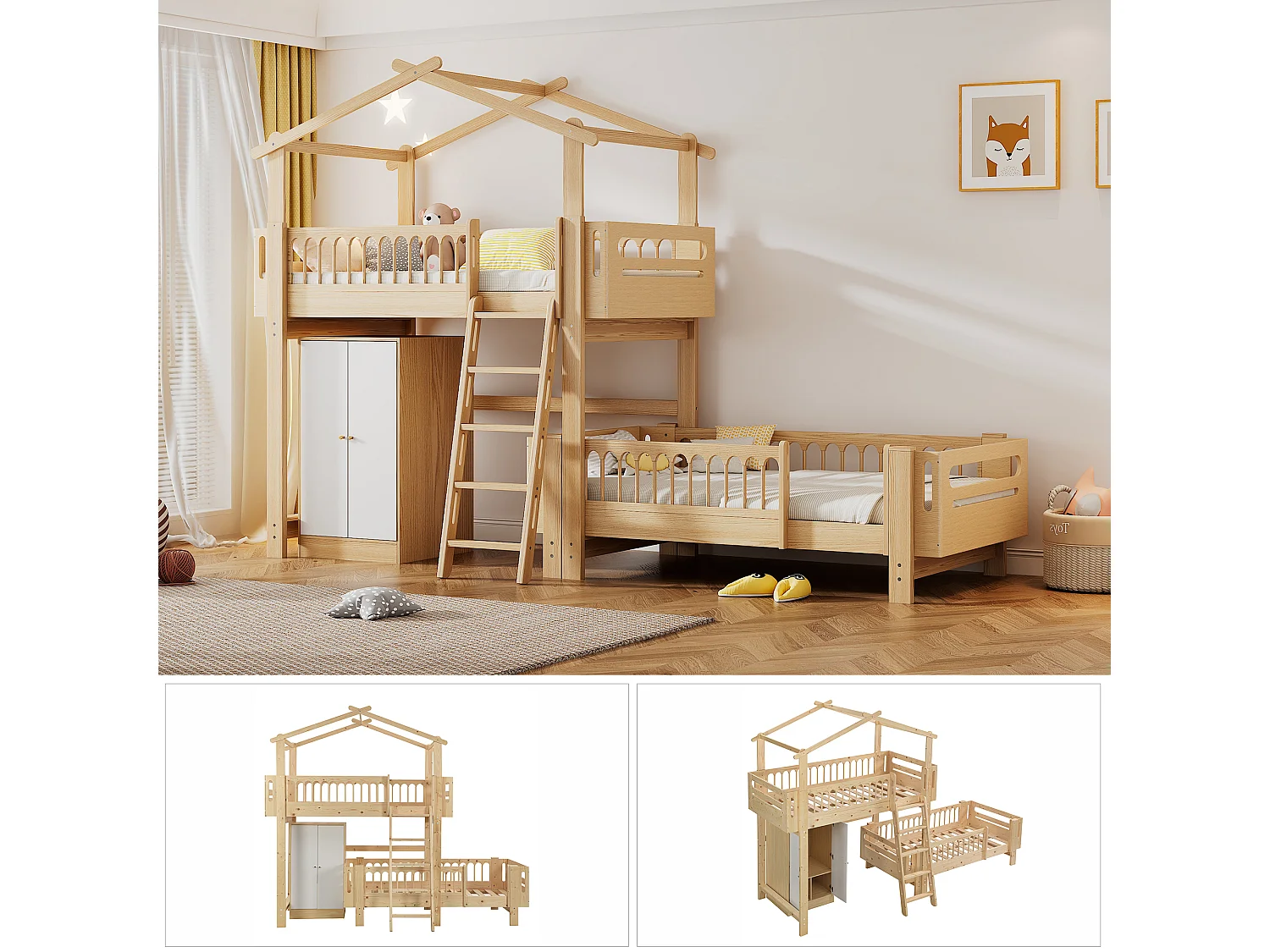Lits superposés 2 x 90 x 200 cm avec armoire et échelle - bois de pin et MDF - sommier à lattes - coloris naturel+blanc