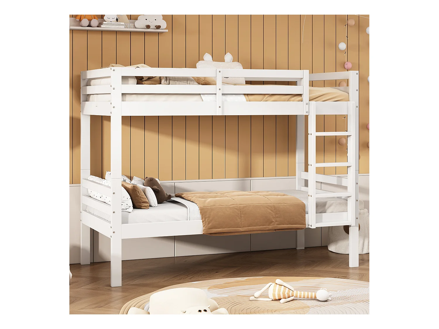 Teilbare Etagenbetten 2 x 90 x 200 cm mit Leiter – Kiefernholz – Farbe Weiß