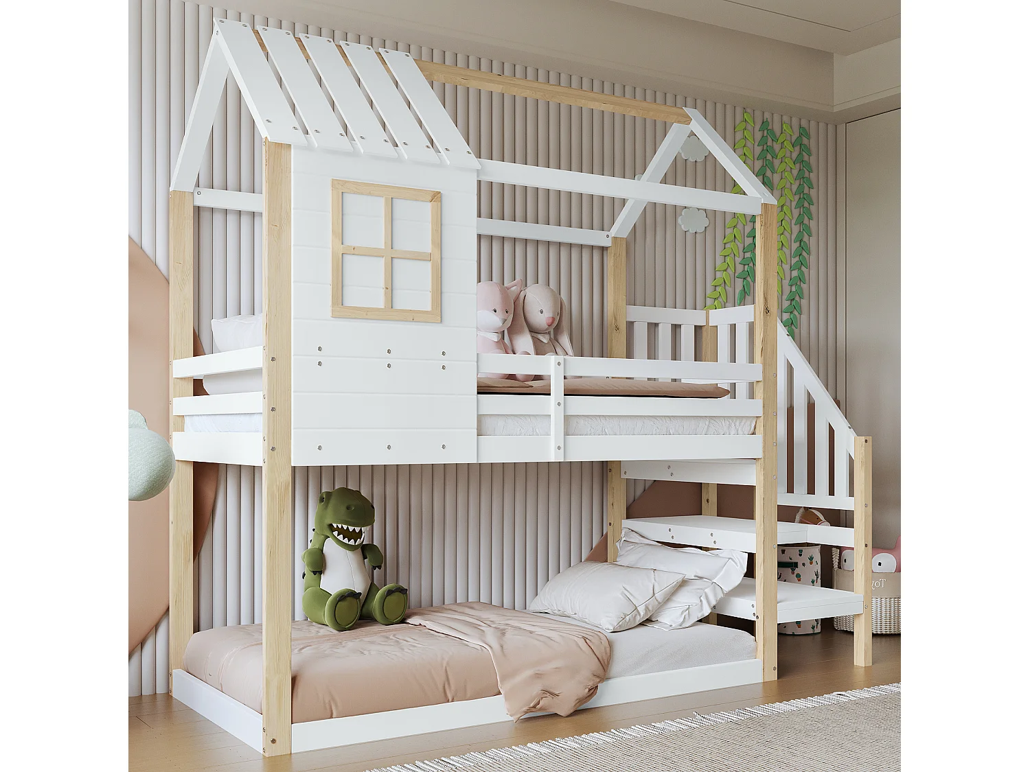 Lits superposés 2 x 90 x 200 cm avec escalier d'angle et fenêtre - pin - blanc + naturel