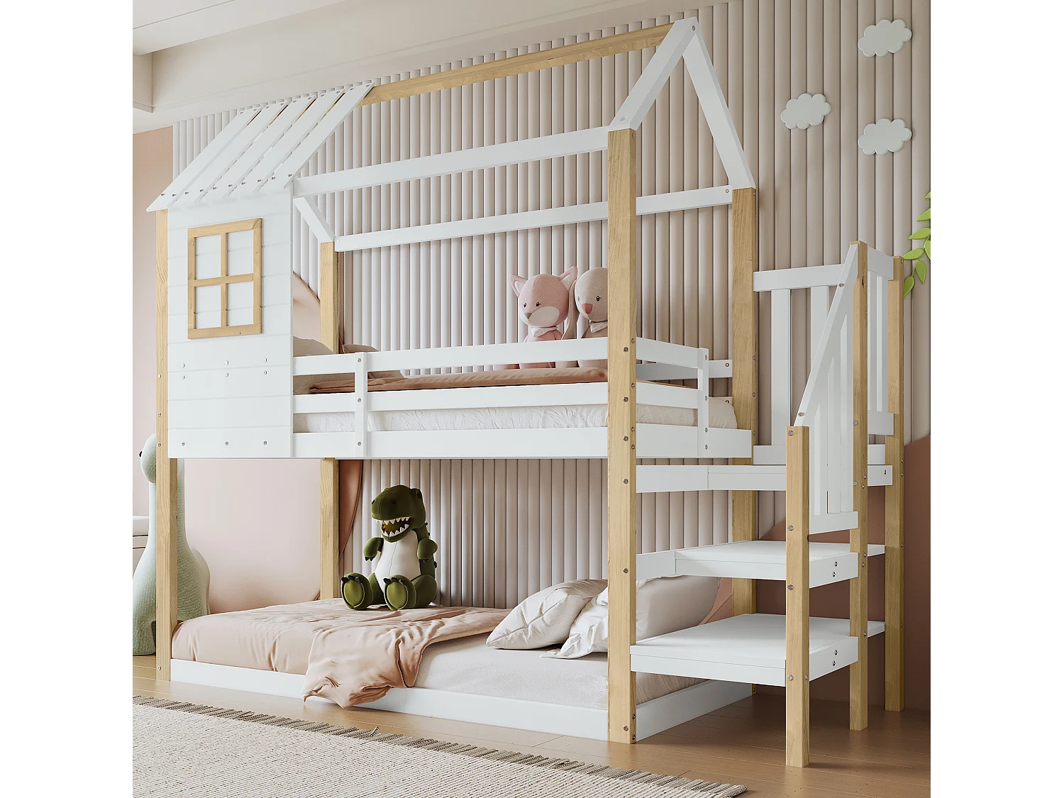 Lits superposés 2 x 90 x 200 cm avec escalier d'angle et fenêtre - pin - blanc + naturel